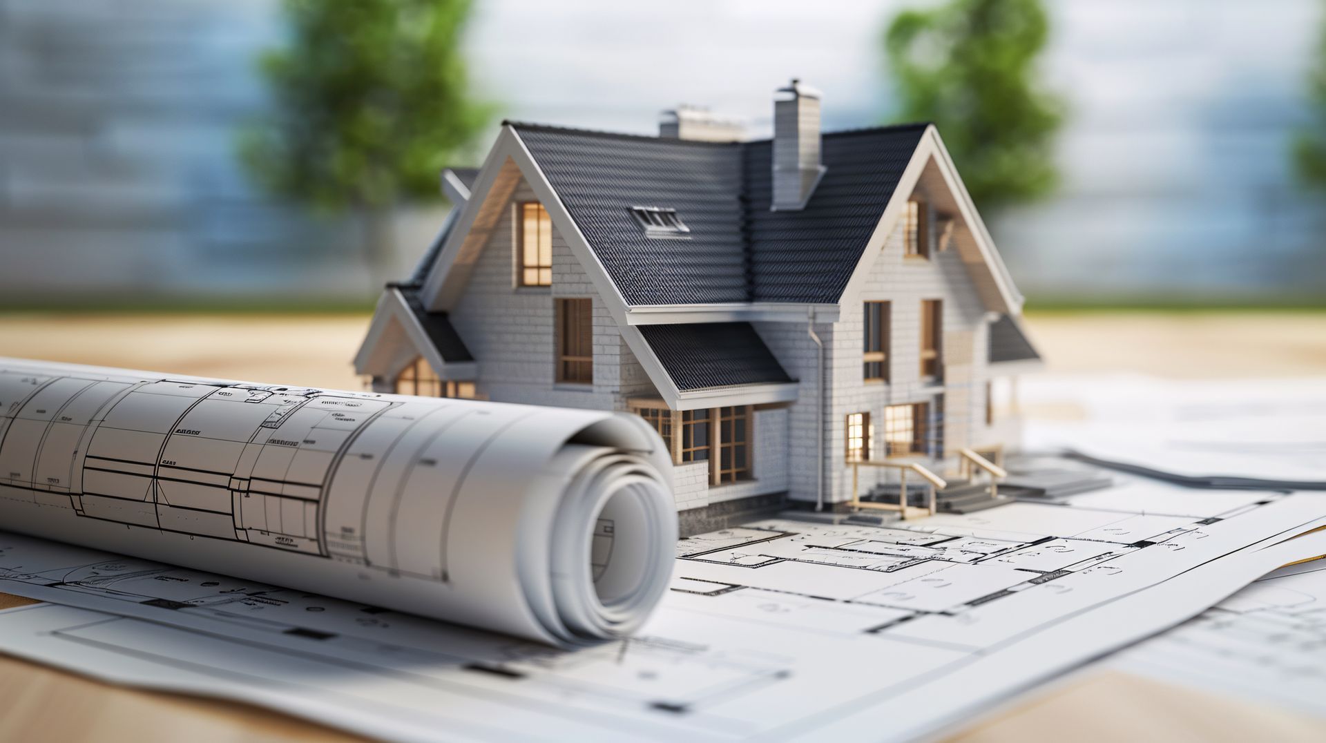 Maquette de maison sur plan avec des arbres en arrière-plan.