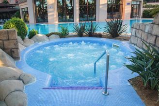 Hay un jacuzzi en medio de una piscina.