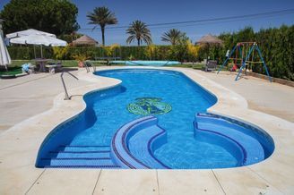 Una gran piscina con escaleras que conducen a ella y palmeras al fondo.