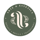 Logotipo circular verde con el texto "Arte & Est&eacute;tica" y "Renace Brilla Transforma". "A" central beige estilizada.