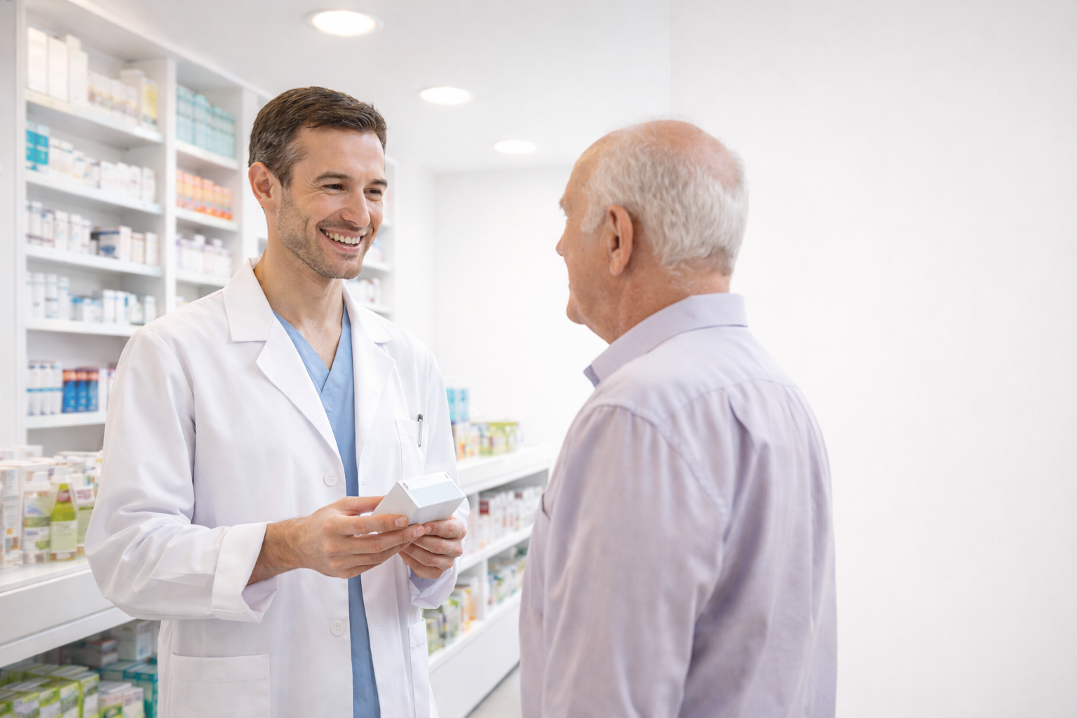 Un farmacéutico con bata blanca sonríe y explica la medicación a un cliente en la farmacia. Estantes de productos al fondo.