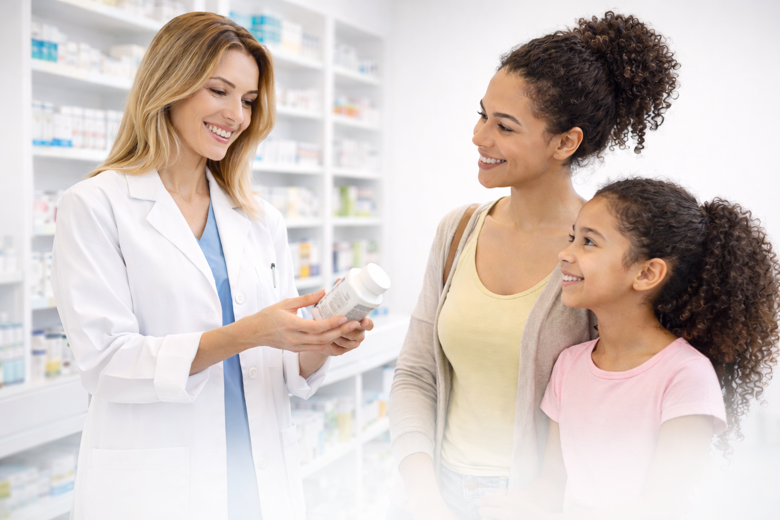 Farmacéutico mostrando medicamentos a una mujer y un niño en una farmacia; sonriendo.