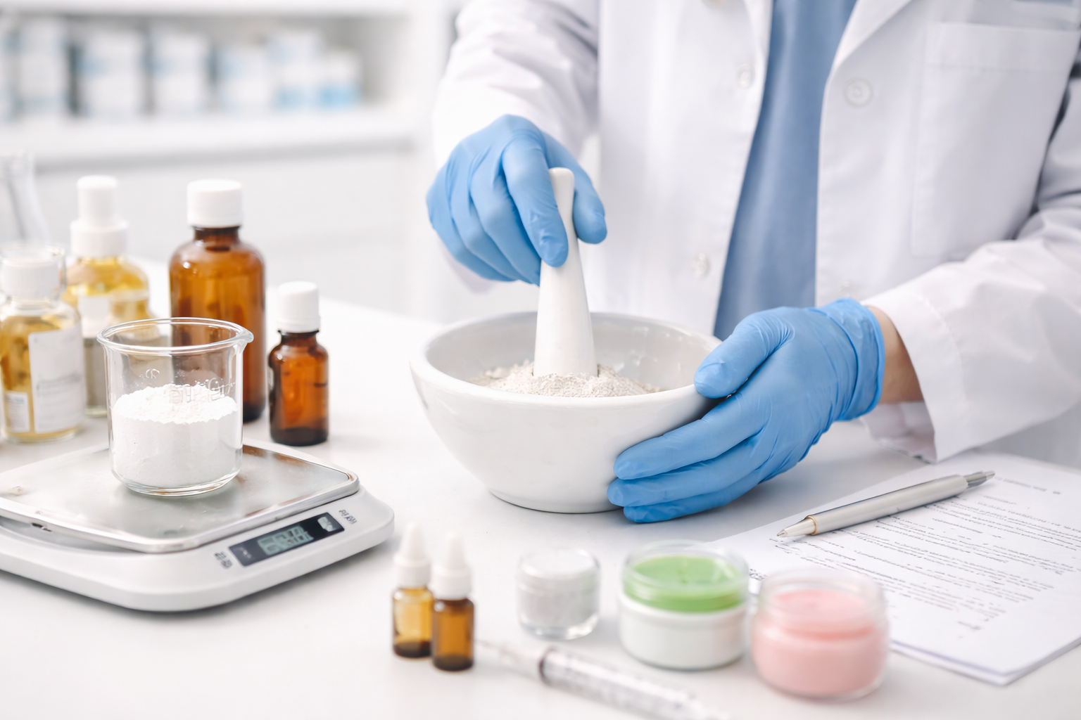 Persona con bata de laboratorio y guantes azules mezclando polvo en un mortero en una mesa de laboratorio con varias botellas y recipientes.