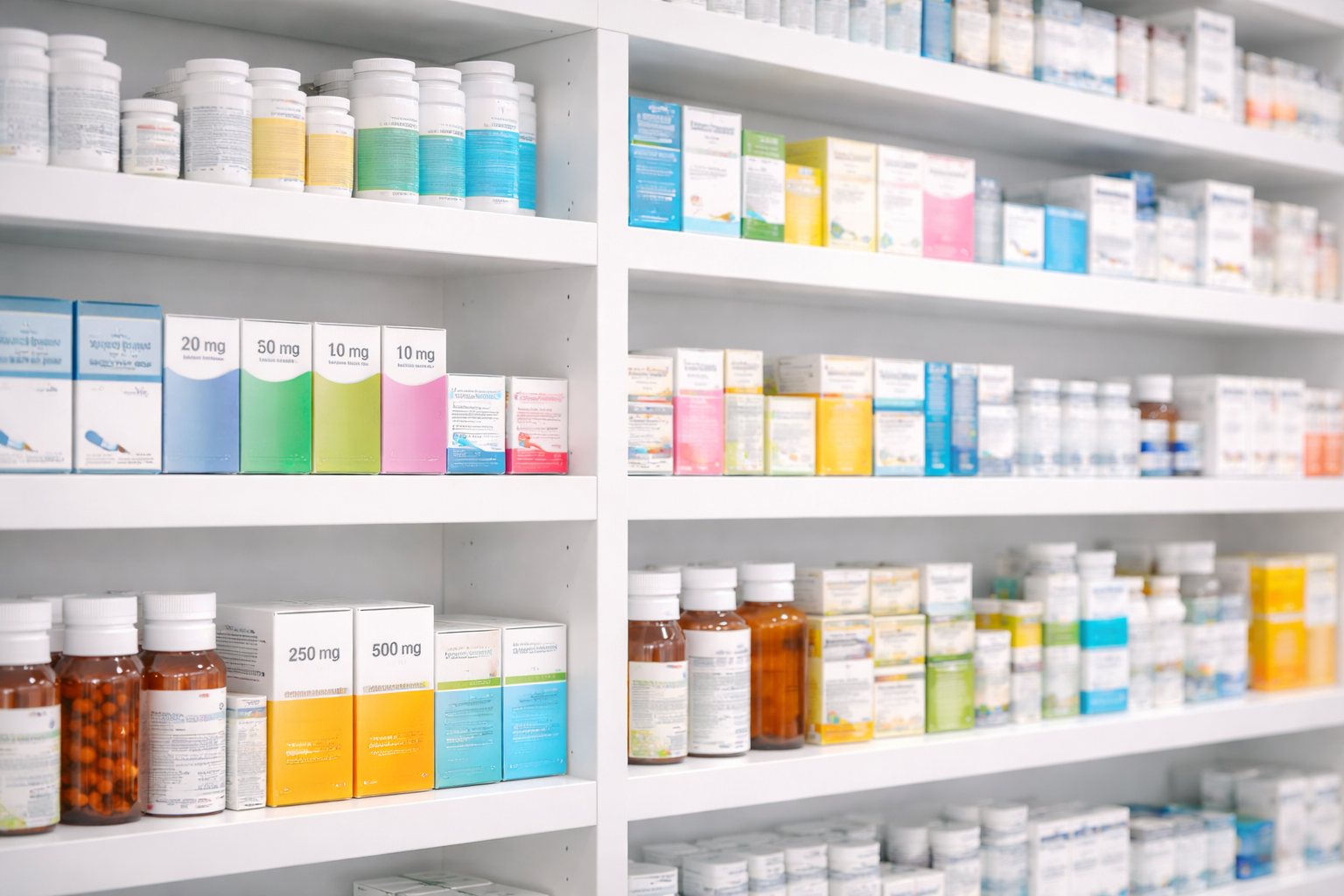 Estantes llenos de diversos frascos y cajas de medicamentos de colores en una farmacia.