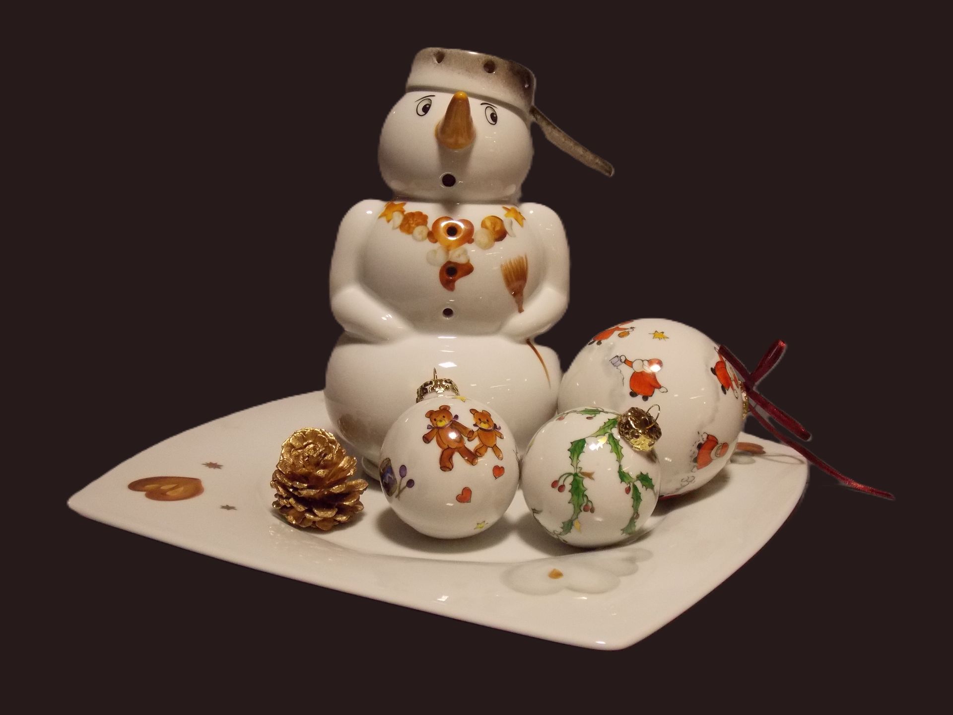 Porzellanmalerei Schneemann mit Weihnachtsmotiven
