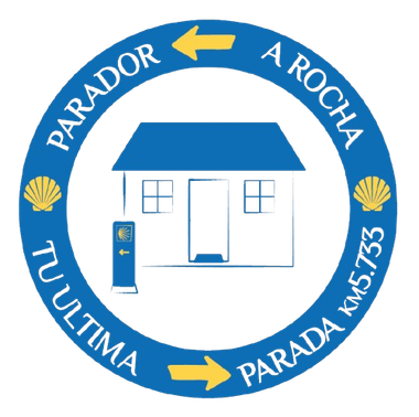 Letrero circular azul con "PARADOR A ROCHA", una casa y "TU ULTIMA PARADA KM 5.733".