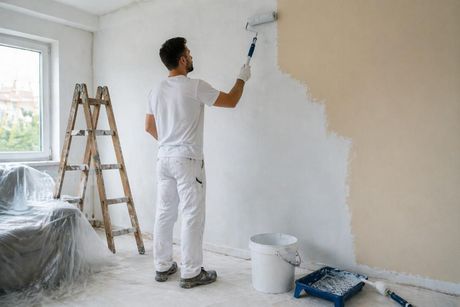 Una persona pinta una pared de blanco en una habitación luminosa con una escalera y materiales de pintura cerca.