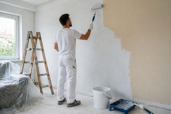 Una persona pinta una pared de blanco en una habitación luminosa con una escalera y materiales de pintura cerca.