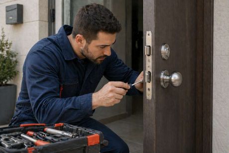 Técnico utilizando una ganzúa en la cerradura de una puerta junto a una caja de herramientas.
