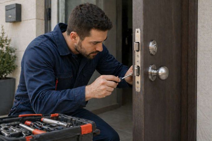 Técnico utilizando una ganzúa en la cerradura de una puerta junto a una caja de herramientas.