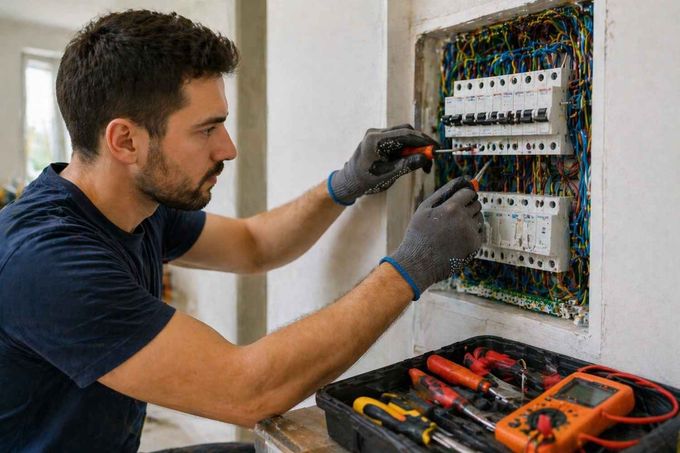 Electricista cableando un panel de circuitos con herramientas en una bandeja cercana.