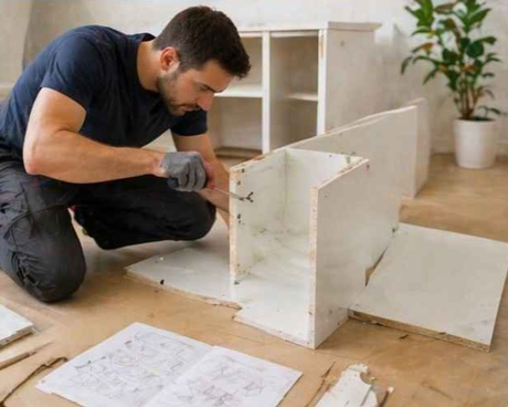 Una persona está montando un armario de madera blanca en el suelo, con los planos cerca, en una habitación luminosa.