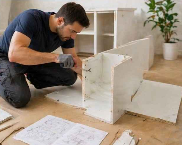 Una persona está montando un armario de madera blanca en el suelo, con los planos cerca, en una habitación luminosa.
