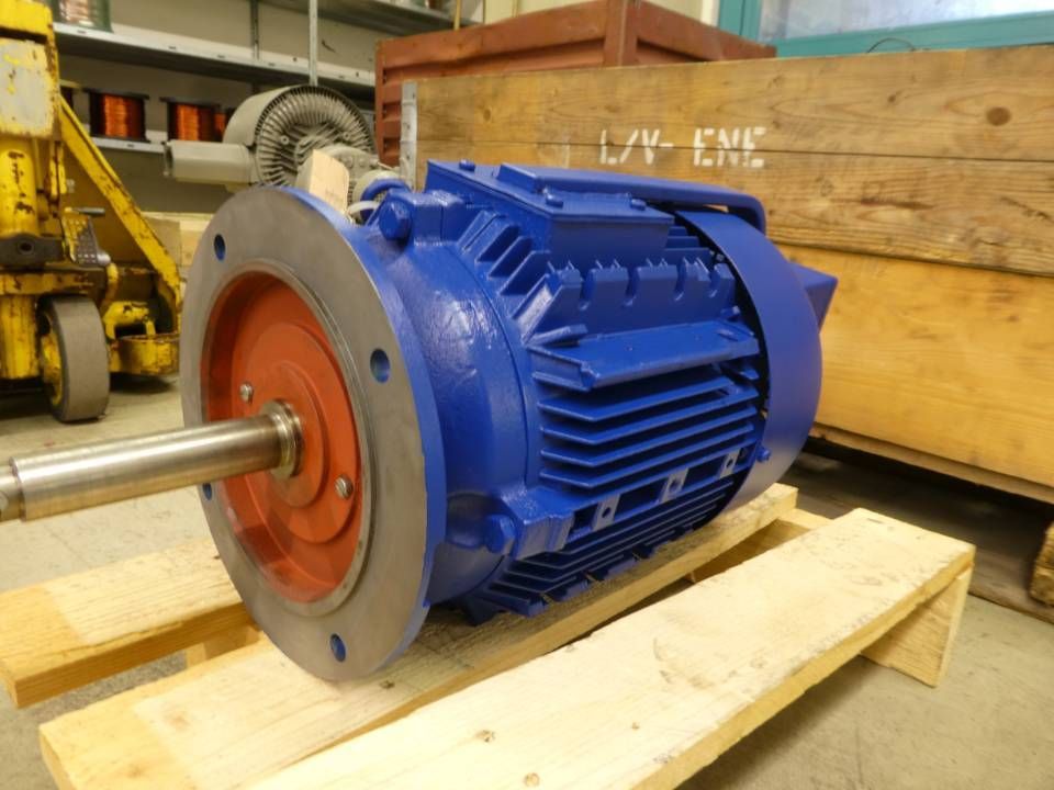 Blauer Industrie-Elektromotor auf einer Holzpalette in einer Werkstatt, aus dem eine Metallwelle herausragt.