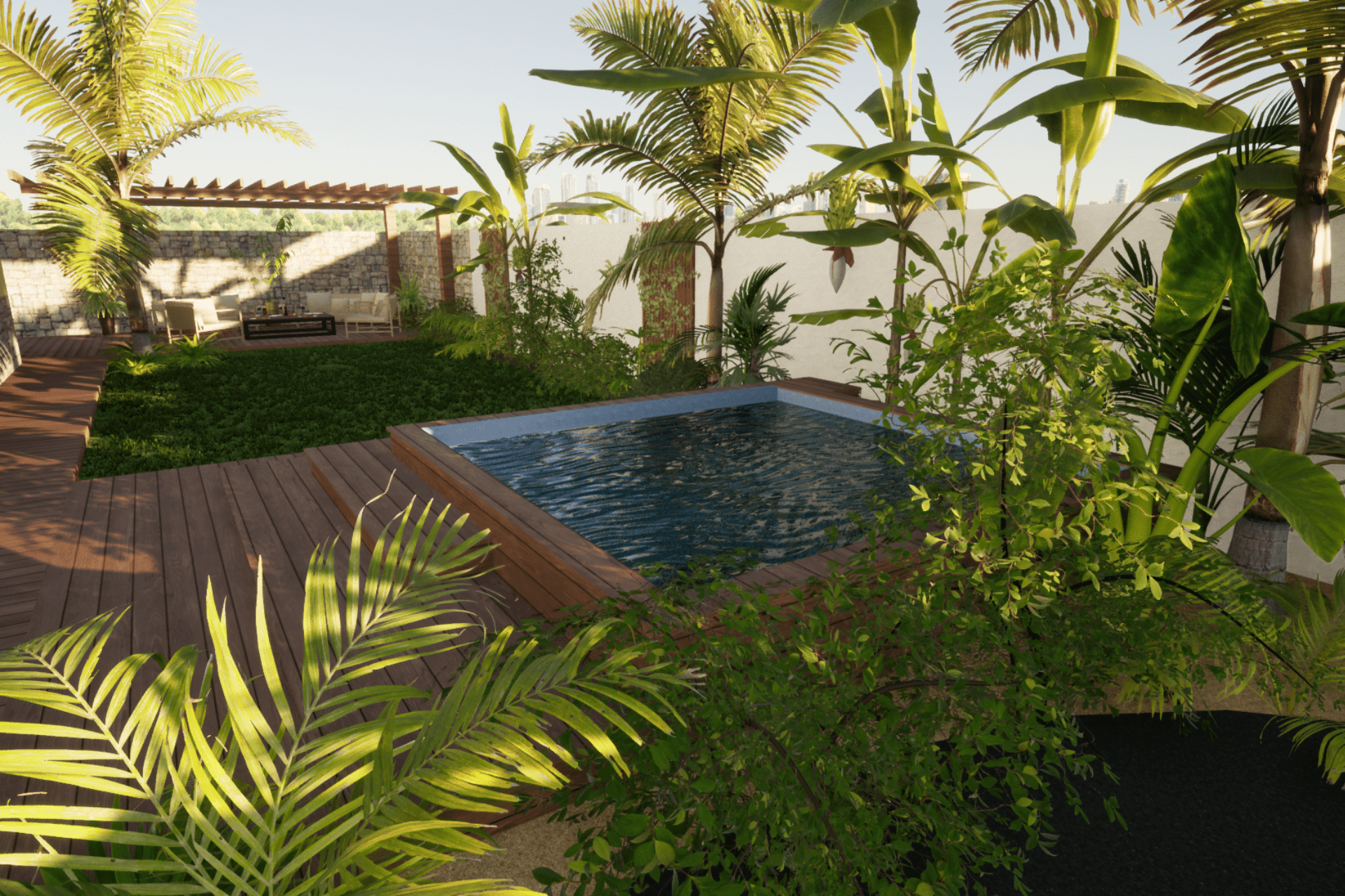 Il y a une piscine au milieu d'un jardin verdoyant entouré de palmiers.