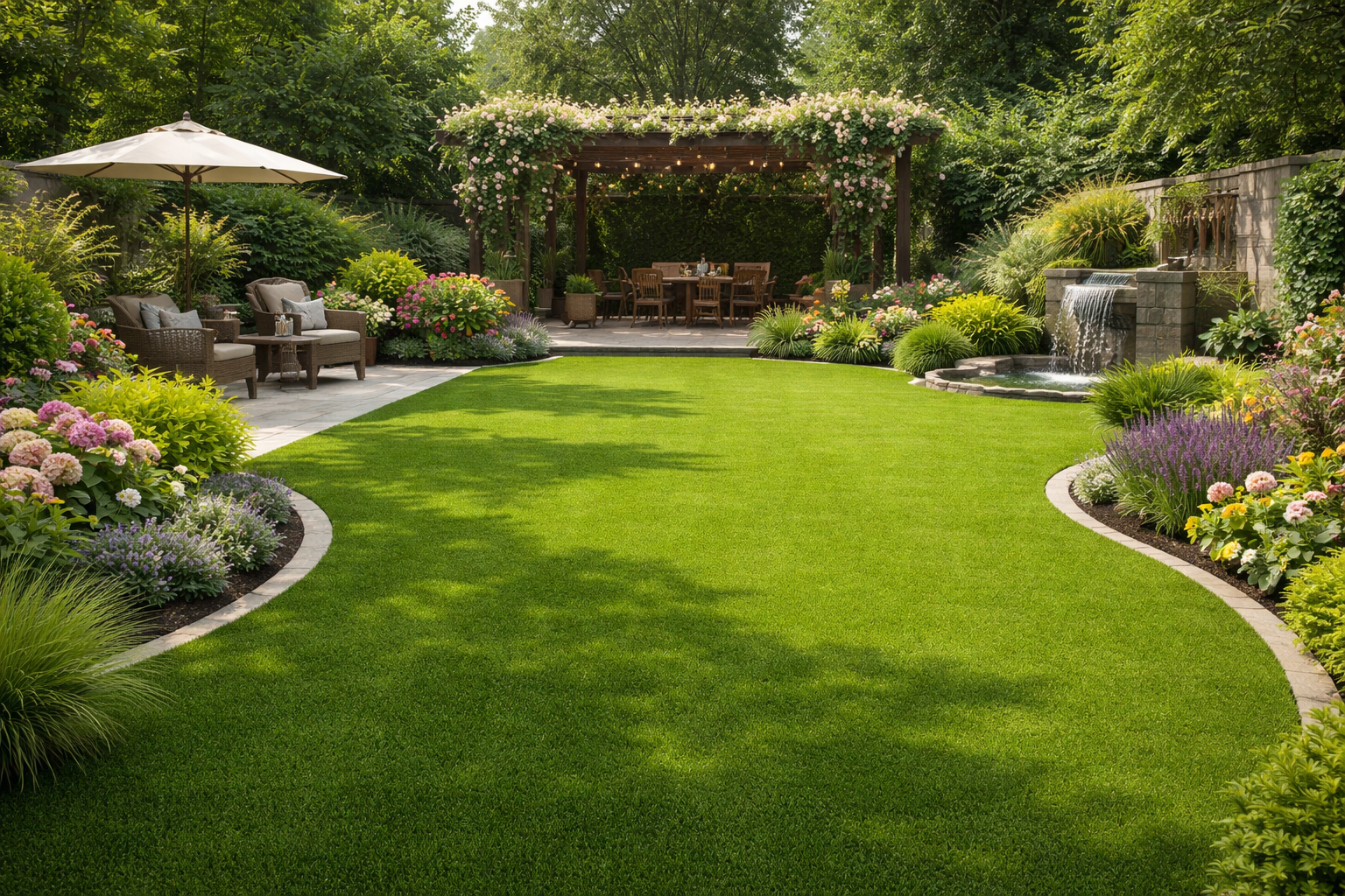 Une grande pelouse verte et luxuriante avec un mur de pierre et des arbres en arrière-plan.