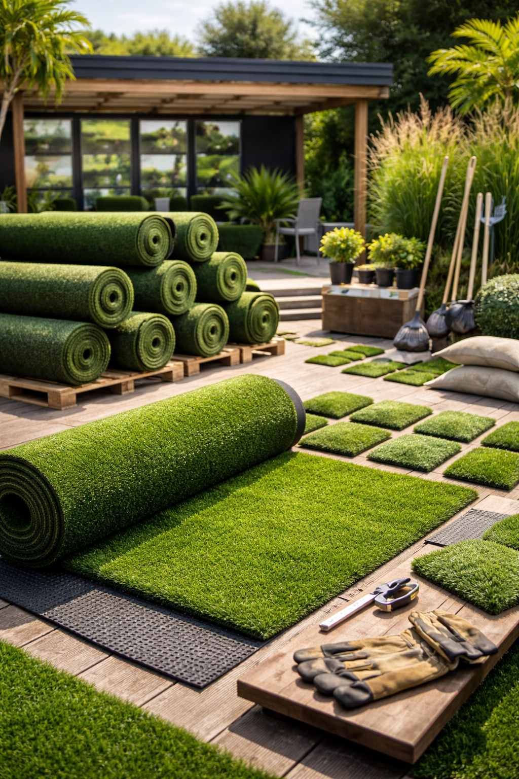 Une pelouse verdoyante avec des arbres et des marches dans un jardin.