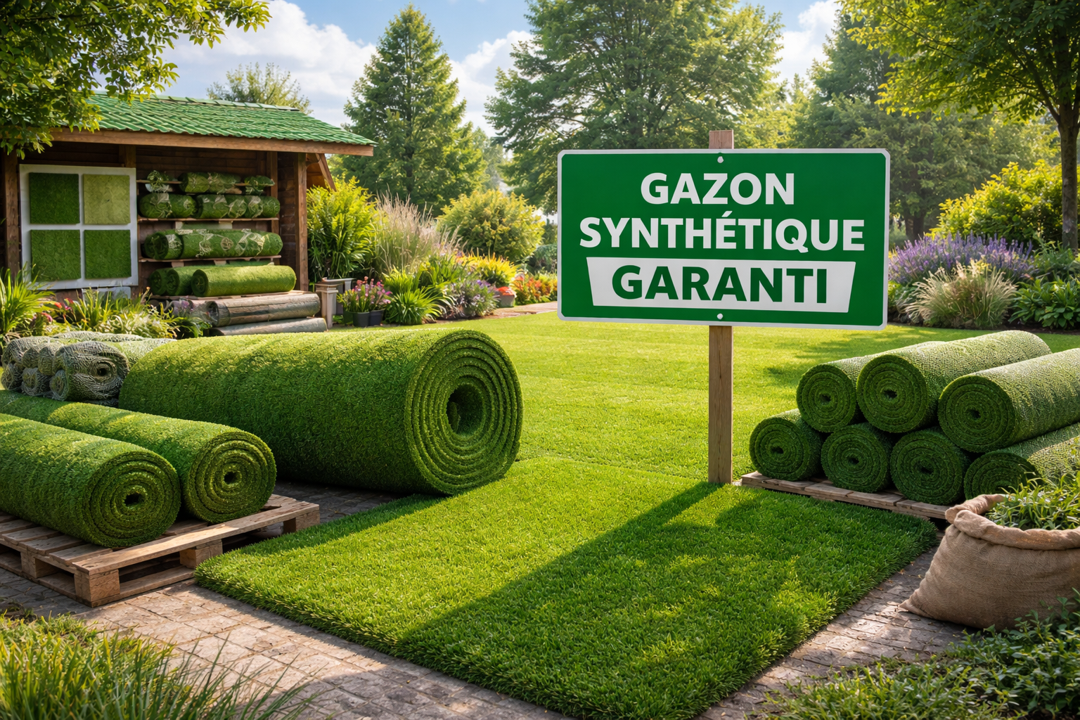 Une grande pelouse verte et luxuriante avec un mur de pierre et des arbres en arrière-plan.