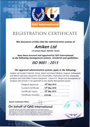 Certificate from QAS International for Amiken Ltd, ISO 9001:2015 certified. Blue and white with logo and text.
