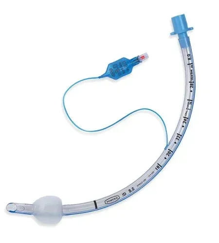 Blue curved medical tube with a balloon cuff and inflation line on a white background