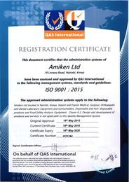 Certificate for Amiken Ltd, approved by QAS International.