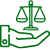 Hand holding scales of justice, in green.