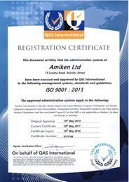 Registration certificate for Amiken Ltd, accredited by QAS International, ISO 9001:2015.