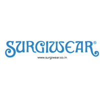 Logo for Surgiwear, featuring blue text with a decorative font and the company website.