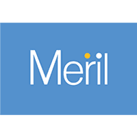 Meril logo on a blue background, featuring white text and yellow/white dots.