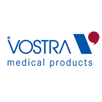Logo for Vostra Medical Products; blue and red accents, white background.