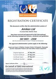 Registration certificate from QAS International for Amiken Ltd, ISO 9001:2008 certified, with details and dates.