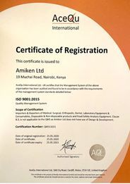 Certificate of Registration from AceQu International for Amiken Ltd, a medical equipment company in Nairobi.