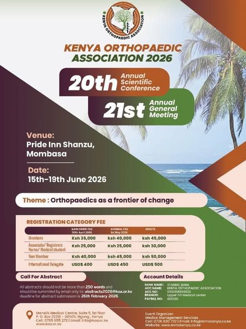 Kenya Orthopaedic Association 2026 conference poster with dates, venue, theme, and registration details