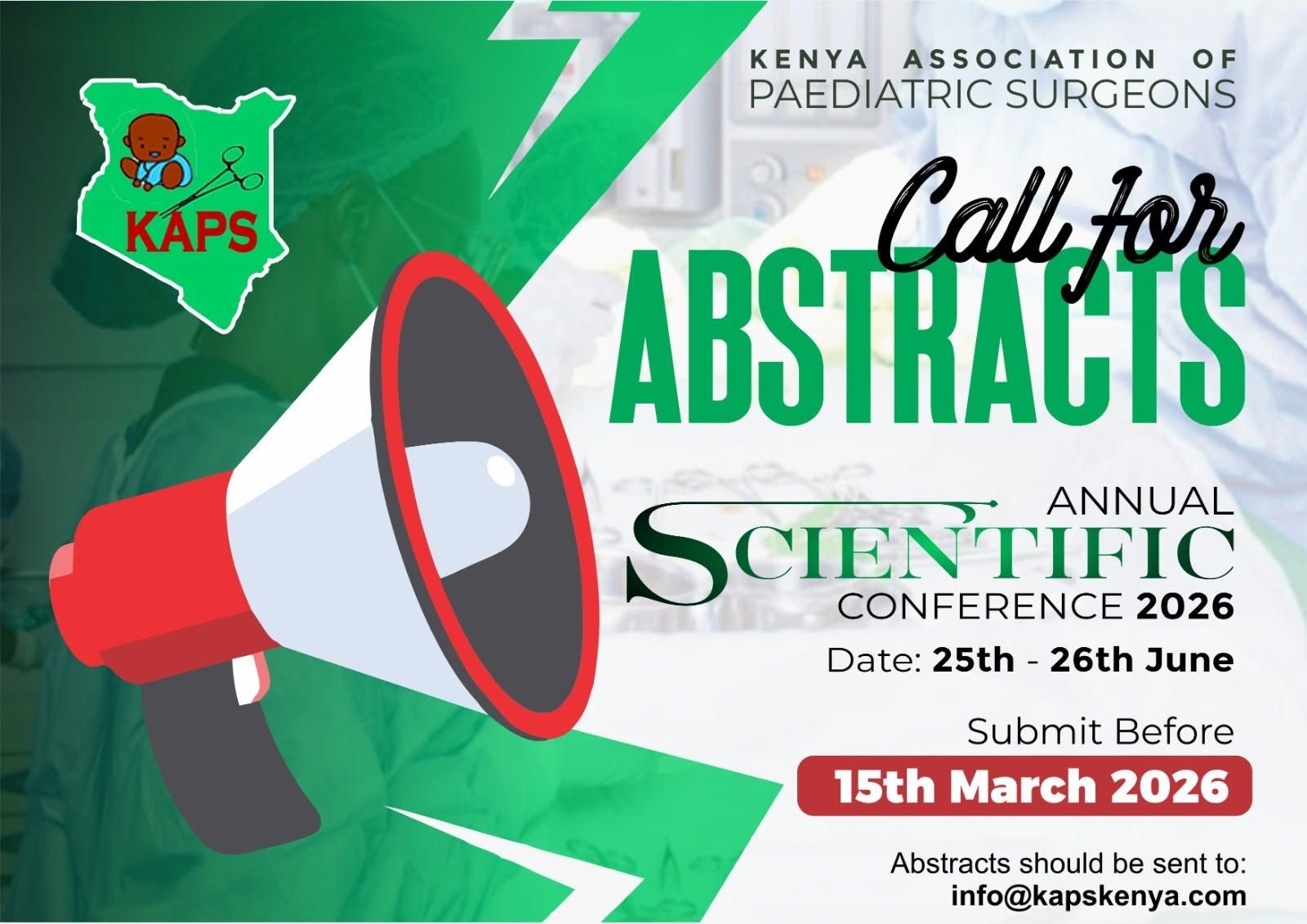 Call for abstracts poster for KAPS Scientific Conference 2026, with megaphone and green-white design