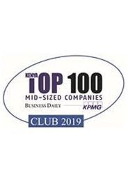 Kenya Top 100 Mid-Sized Companies Club 2019 award logo. Purple and black text with KPMG and Business Daily.