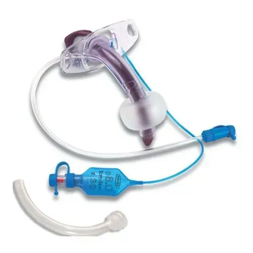 Transparent tracheostomy tube with blue inflation line and connector on a white background