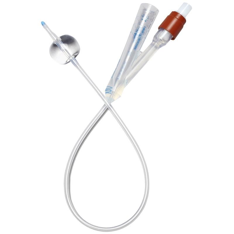 A clear, flexible Foley catheter with an inflated balloon at one end and a connection point at the other.