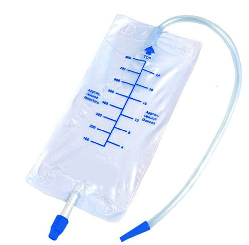 Clear plastic urine drainage bag with blue markings and tubing.