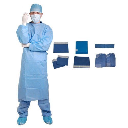 Surgeon in blue scrubs and mask, preparing for surgery, with sterile drapes and surgical supplies.