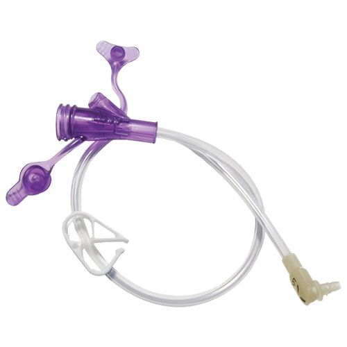 Purple IV catheter with clear tubing and a white clamp.