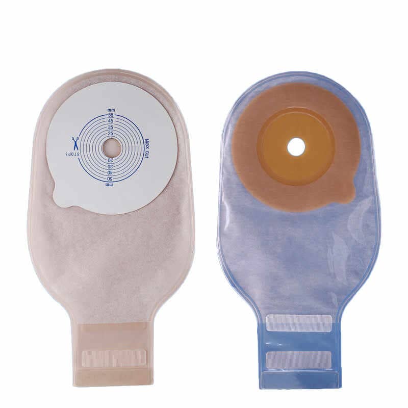 Two ostomy pouches: one beige with a white flange, one blue with a yellow flange.