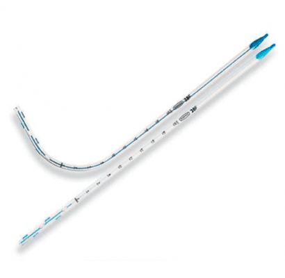 Two clear, flexible medical catheters with blue tips, one straight, one curved.