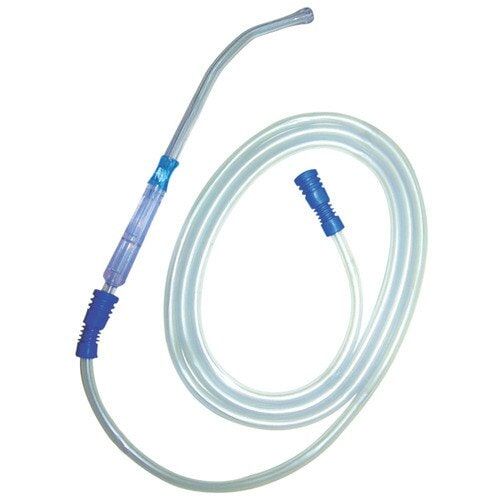 Medical suction catheter with clear tubing and blue connectors.