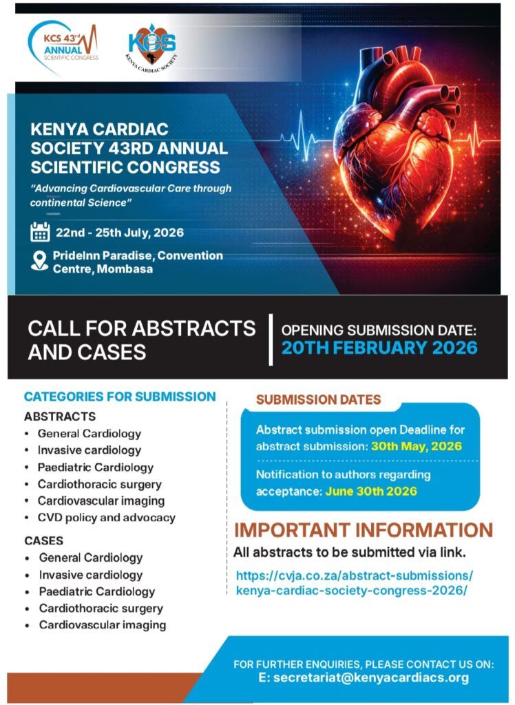 Kenya Cardiac Society 43rd Annual Scientific Congress poster with heart graphic, dates, and call for abstracts.