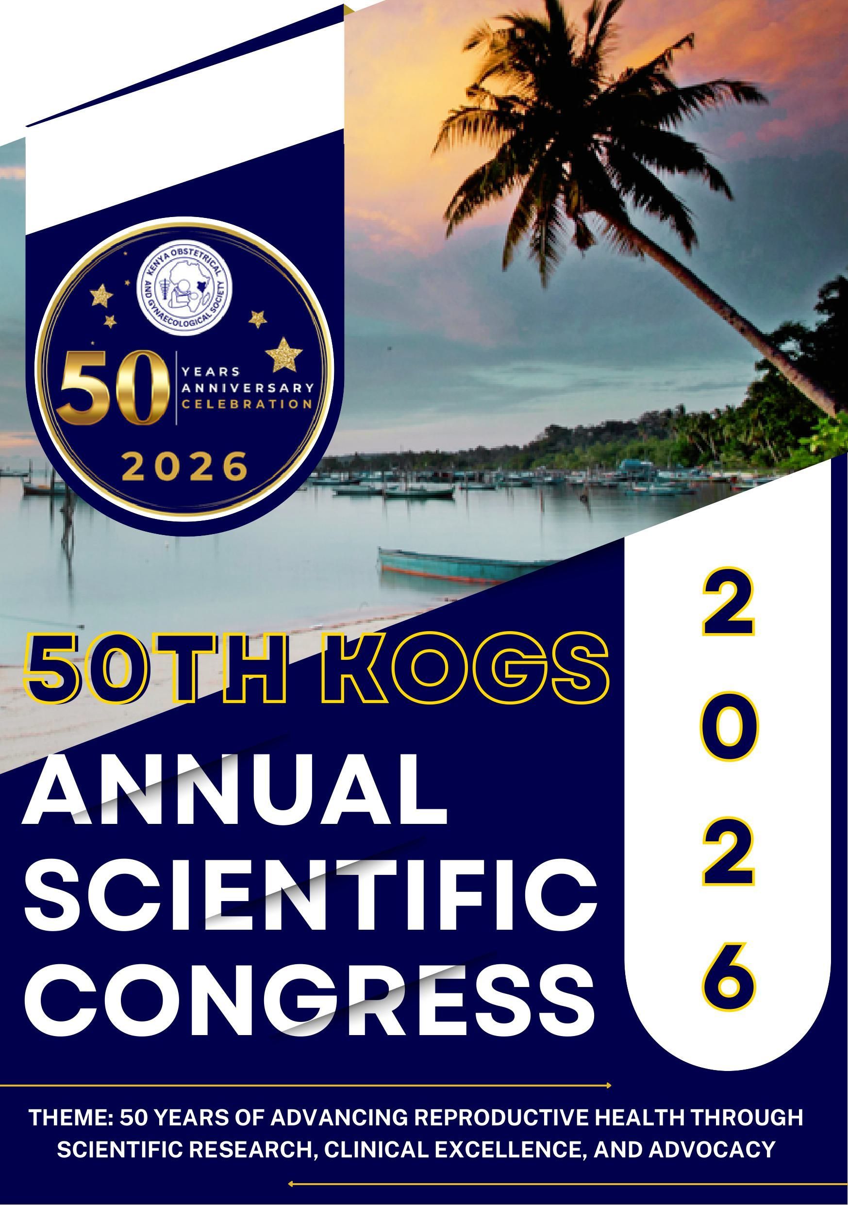 50th KOGS Annual Scientific Congress 2026 poster with palm tree, sunset beach, and gold anniversary emblem