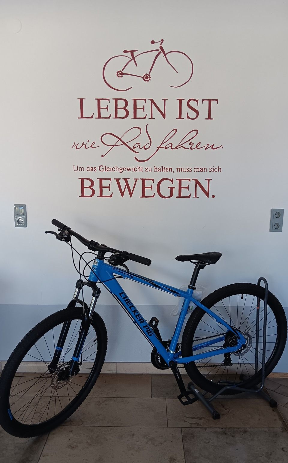 Ein blaues Fahrrad lehnt an einer Mauer, darüber ein deutsches Wandzitat.