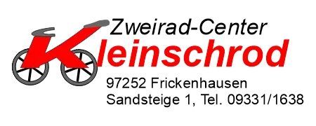 Logo für das Zweirad-Center Kleinschrod mit rotem Fahrradsymbol und Adresse in Frickenhausen