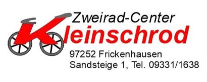 Logo für das Zweirad-Center Kleinschrod mit rotem Fahrradsymbol und Adresse in Frickenhausen