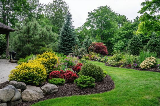 Jardin paysager luxuriant avec arbustes colorés, rochers et pelouse verte sous les arbres.