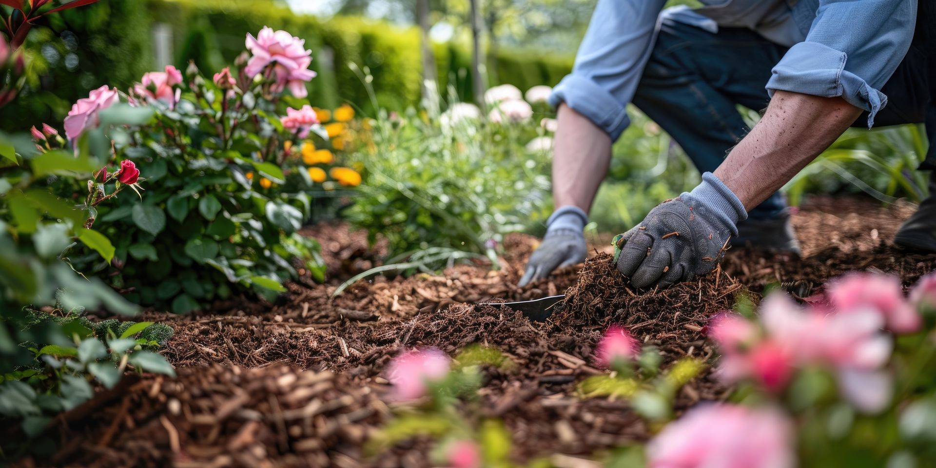 Des mains gantées plantent des fleurs dans un parterre de jardin aux fleurs roses et recouvert de paillis.